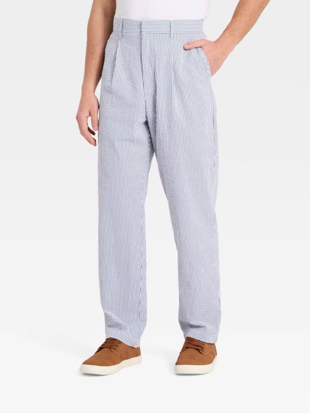 Henry Jacobson Men's 36x30 Blue White Seersucker Pleated Trousers Preppy